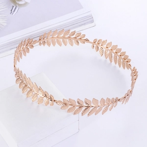 Elegant gold leaf laurel headband crown for Greek goddess wedding and bridal hairstyles