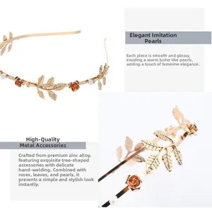 Detail of golden zinc alloy headband featuring metal leaves, roses and imitation pearls