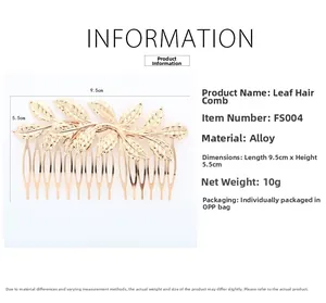 Detailed size specifications for a gold leaf-shaped bridal hair comb made of alloy