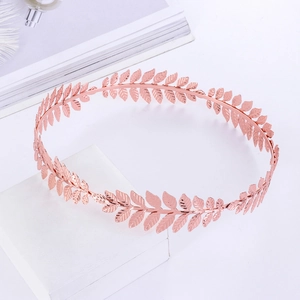 Elegant rose gold laurel leaf crown headband for brides in Greek goddess style