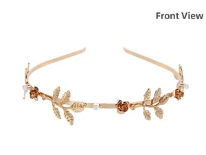 Front view detail of baroque gold floral headband with pearls and leaf patterns
