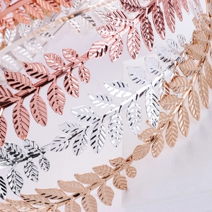 Detailed view of metal leaf headbands in gold, silver, and rose gold plating