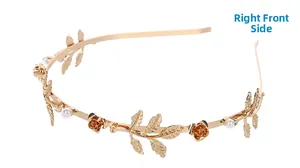 Detail of golden rose hairband with delicate leaves and white pearls for bridal style