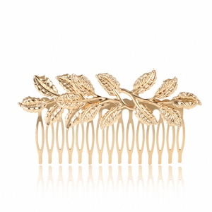 Elegant gold leaf bridal hair comb with polished branch details on white background