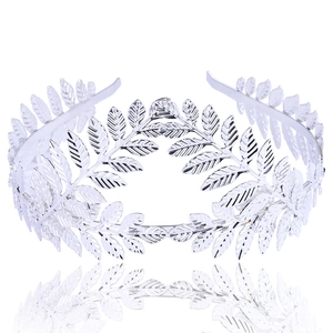 Macro shot of silver laurel leaf crown headband showing metallic veins and texture