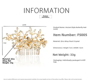 Detailed size specifications of the gold butterfly hair comb with pearls and rhinestones