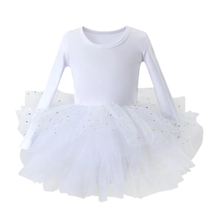 Detail of white long sleeve ballet tutu featuring gold star and moon sequins on mesh
