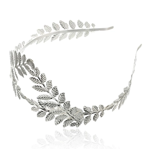 Elegant silver laurel leaf crown headband with detailed metal leaves for bridal party