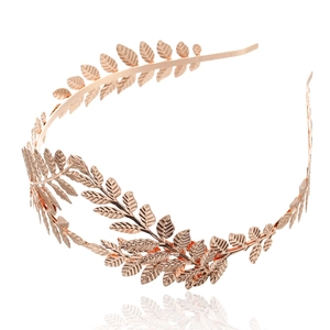 Elegant rose gold leaf crown headband with detailed metal leaf veins for weddings
