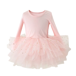 Detail of pink long sleeve ballet tutu with gold star and moon sequins on mesh skirt