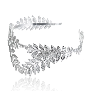Detailed macro view of silver leaf crown bridal headband with elegant laurel design