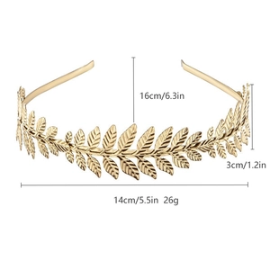 Detailed view of golden leaf headband showing exact dimensions and baroque laurel design