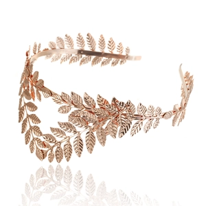 Detail view of rose gold leaf headband showing metallic textures and Greek goddess design