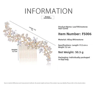 Detailed view of leaf rhinestone hair comb measuring 17.2cm by 7.2cm with golden alloy
