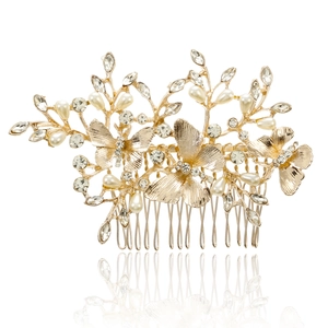 Vintage Butterfly Artificial Pearl Hair Comb Bridal Leaf Rhinestone Alloy Headpiece Gold Silver Rose Gold Wedding Jewelry