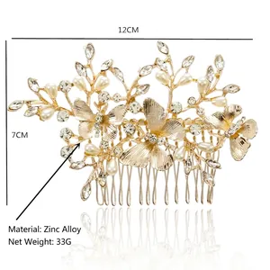 Golden leaf and butterfly hair comb with pearls and crystals, 12cm x 7cm bridal headpiece