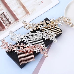 Three elegant leaf hair combs in gold, silver, and rose gold with sparkling rhinestones