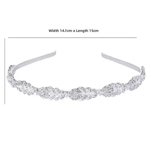 Detail view of crystal bridal headband showing dimensions 14.1cm width and 15cm length