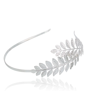 Silver bridal leaf headband with laurel leaf design and polished metallic finish