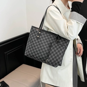 Chic dark grey checkerboard tote bag with matching coin purse and stylish shoulder strap