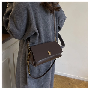 Detail of a dark brown leather crossbody bag with gold metal buckle and chain strap