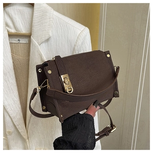 Close-up of luxury dark brown pebbled leather handbag featuring a bold gold metal buckle