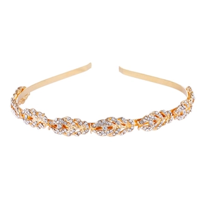 Elegant gold bridal headband with sparkling rhinestone leaves on a white background