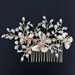Rose gold butterfly hair comb with crystal rhinestones and white teardrop pearls