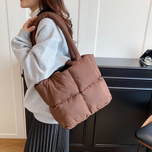 Quilted coffee brown shoulder tote bag with soft padded design and large capacity