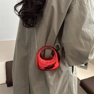 Glossy red acrylic crescent moon mini bag with gold chain and round hollow handle