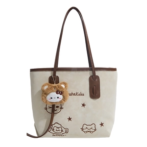 Retro cream faux suede tote bag with brown handles and cute cartoon cat illustration