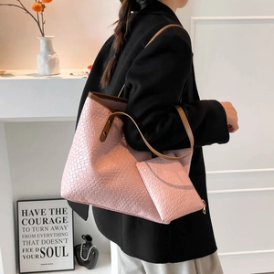 Pink woven tote bag set with matching pouch and brown leather straps for women