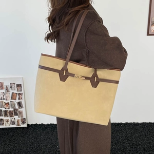 Retro large capacity suede tote bag with brown leather trim for women's autumn fashion