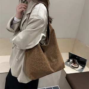 Brown leopard print suede tote bag for women showing a stylish casual minimalist design