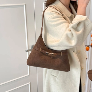 Retro dark brown suede tote bag for women featuring stylish gold buckle shoulder strap