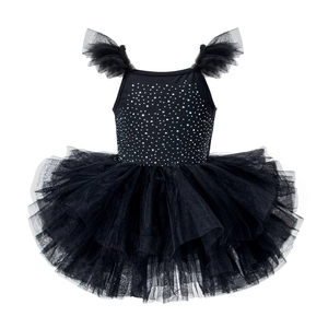 Detail of girls' black ballet tutu dress with sparkling rhinestone bodice and tulle skirt