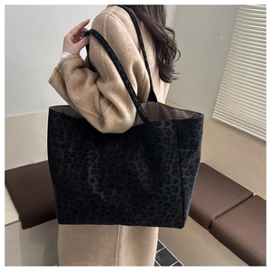 Detail of leopard print tote bag texture and size shown with a camel wool coat