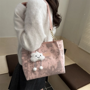 Pink star-moon tote bag with cute cloud pendant and gold chain leather strap for women
