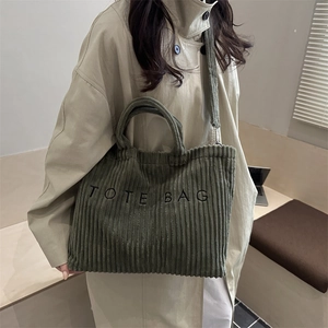 Fashionable olive green corduroy tote bag with TOTE BAG embroidery and long strap