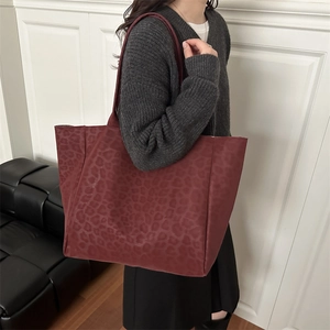 Vintage burgundy leopard print large tote bag with wide shoulder strap for women
