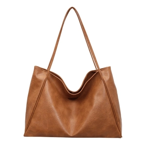 Minimalist vintage tan PU leather tote bag with long shoulder straps for women