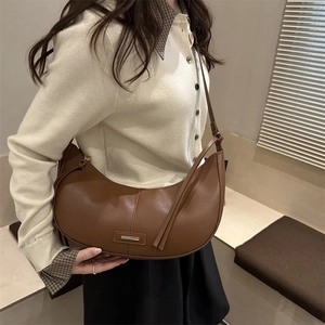 Brown large capacity leather Hobo shoulder bag for women in minimalist chic style