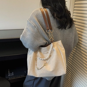 Large capacity chic tote bag in beige with brown straps and pearl floral chain
