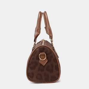 Leopard print Boston handbag for women with brown leather trim and metallic D-rings