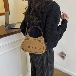 Sac à bandoulière marron en forme de chat avec oreilles et broderie pour femmes