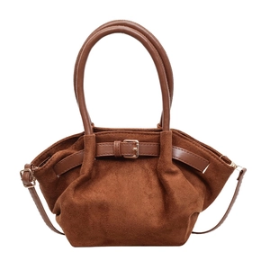 Minimalist brown suede satchel bag with stylish belt buckle and dual handles for women