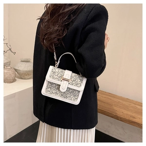 Detail showing the GK pattern print on small square crossbody bag for women
