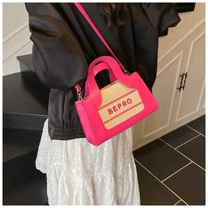 Detail of pink leather and canvas handbag featuring golden metal buckle and BEPRO lettering