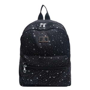Fashionable black starry sky backpack with white star patterns and gold JUHAI metal logo