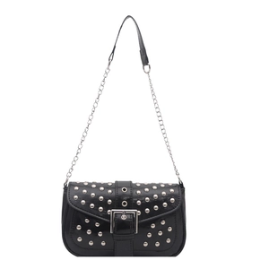 Fashionable punk style black rivet shoulder bag with silver studs and chain strap